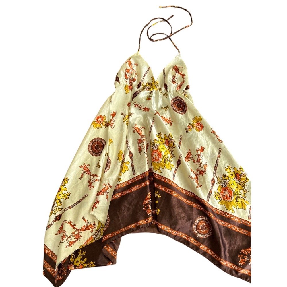 What's Hot Handkerchief Hem Halter Top Y2K Scarf Print Boho Cream Brown Women M